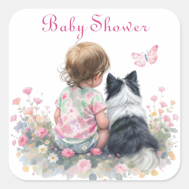 Sticker Carré Pink Baby and Puppy Baby Shower (Devant)
