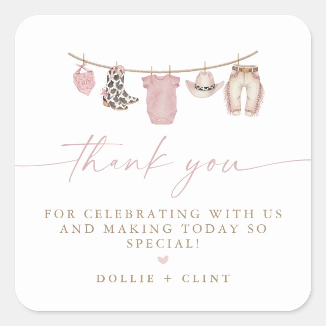 Sticker Carré Pink Baby Clothesline Little Cowgirl Baby Shower (Devant)
