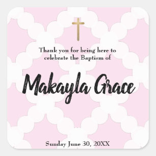 Sticker Carré Pink Baby Girl Baptism Christening Merci
