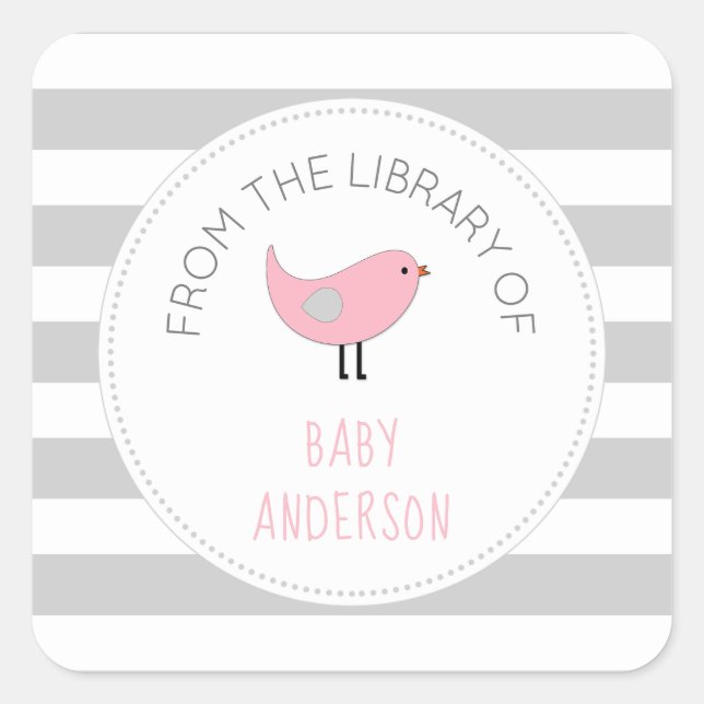 Sticker Carré Pink Bird livre fille baby shower plaque (Devant)