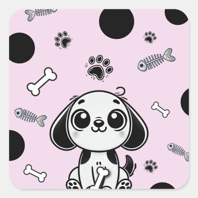 Sticker Carré Pink & Black Fish Bones Chien Chien Chien Chien Ch (Devant)