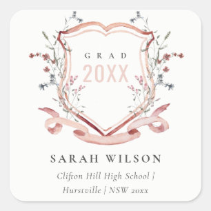Sticker Carré Pink Blush Fleur sauvage Aquarelle Crest Graduatio