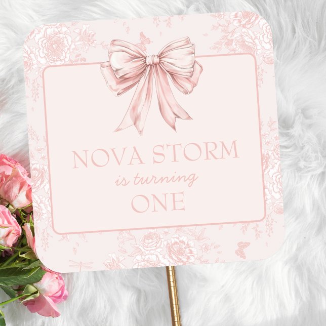 Sticker Carré Pink Bow fête d'anniversaire Whimsy Toile personna (Créateur téléchargé)