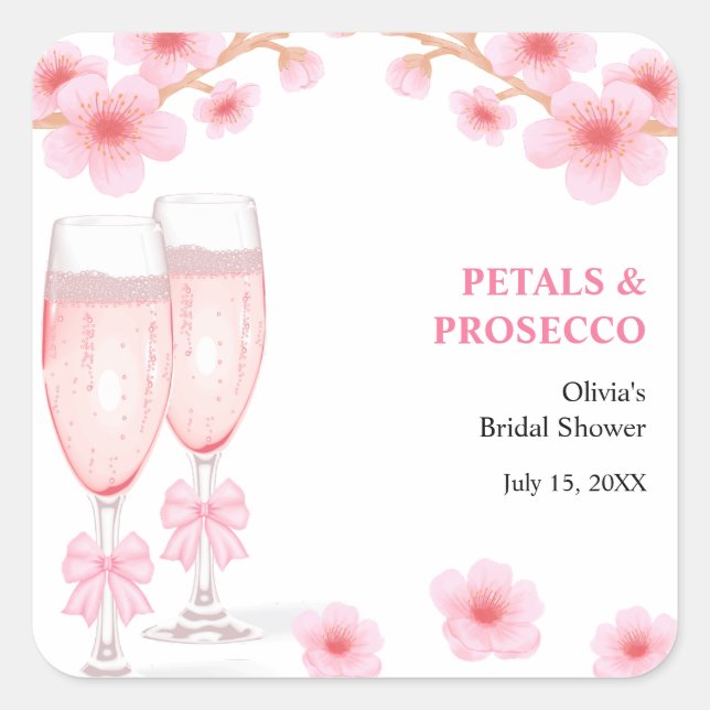 Sticker Carré Pink Bow Floral Petals and Prosecco Bridal Shower  (Devant)