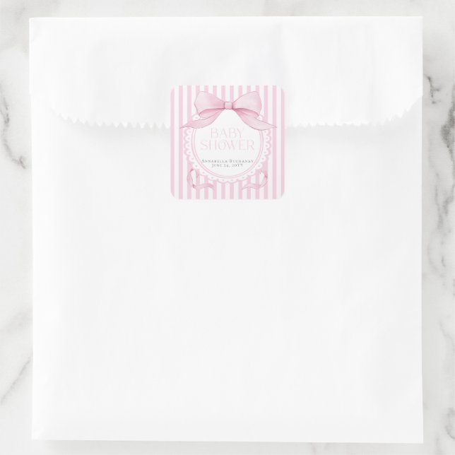 Sticker Carré Pink Bow Girl Coquette Striped Baby Shower  (Sac)