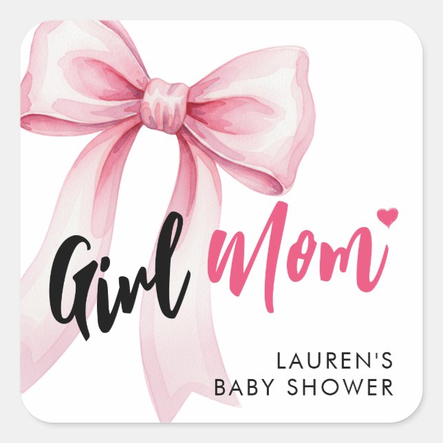Sticker Carré Pink Bow Girl Mom Ribbon Cute Baby Shower (Devant)