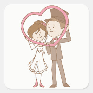 Sticker Carré Pink & Brown Cartoon Bride & Groom Mariage