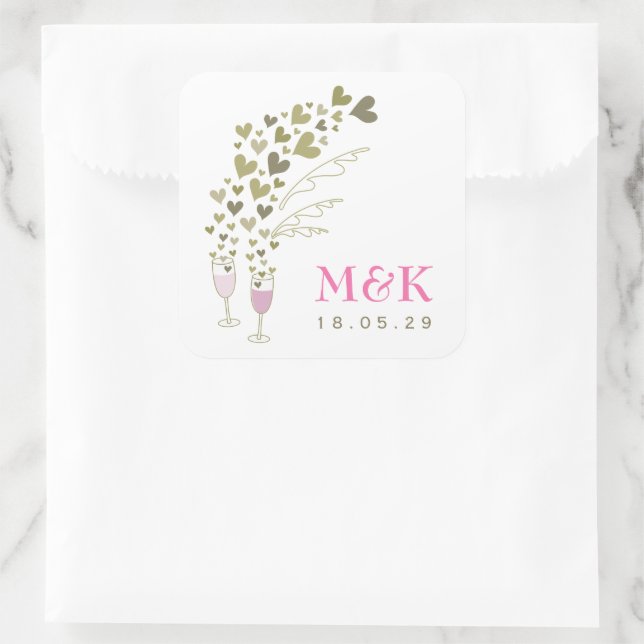 Sticker Carré Pink Champagne Cheers Flottant Gold Hearts Mariage (Sac)