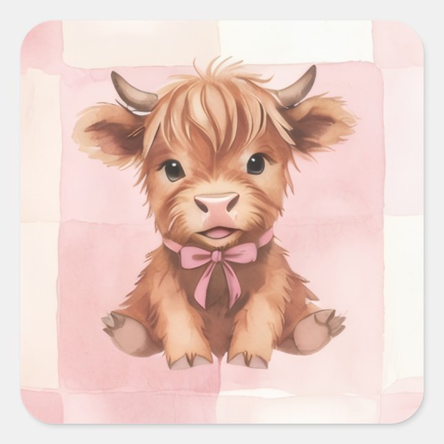 Sticker Carré Pink Checkered Highland Cow Cute Gift Wrap (Devant)