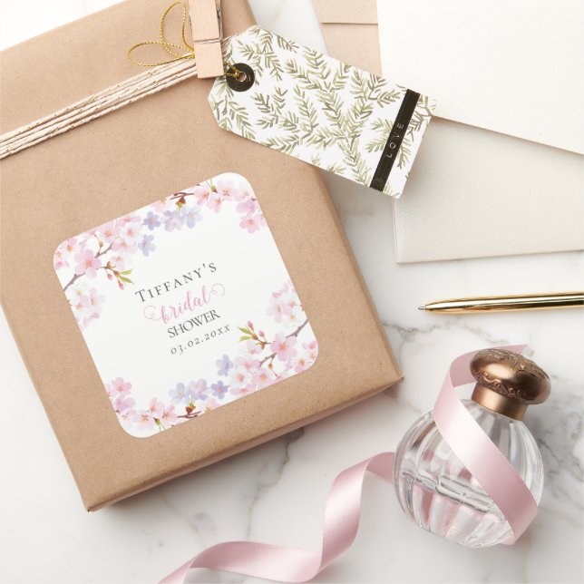 Sticker Carré Pink Cherry Blossom in Bloom Garden Bridal Shower (Cadeaux)