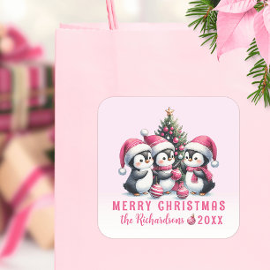 Sticker Carré Pink Christmas Custom Nom de famille Funny Penguin