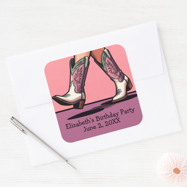 Sticker Carré Pink Cowgirl Boots Western Girl fête d'anniversair (Enveloppe)