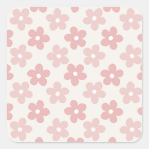 Sticker Carré Pink Cream Daisy Flowers Retro Pattern