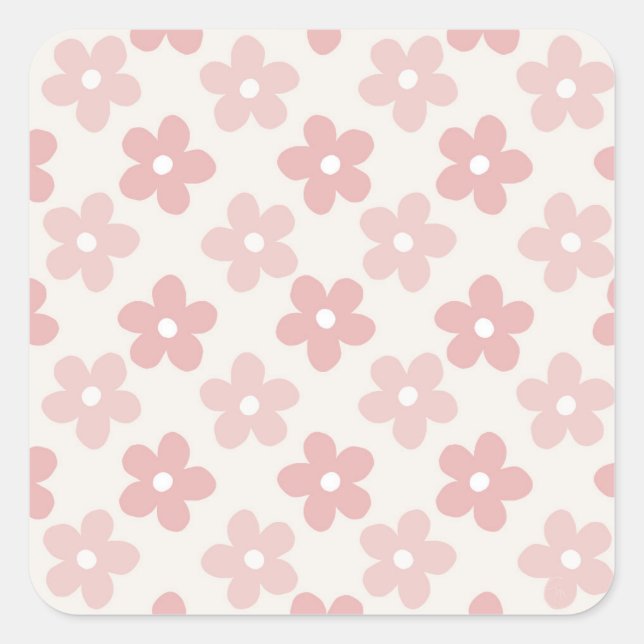 Sticker Carré Pink Cream Daisy Flowers Retro Pattern (Devant)