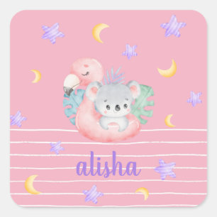 Sticker Carré Pink Cute Koala Kids Nom personnalisé