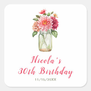 Sticker Carré Pink Dahlias Mason Jar fête d'anniversaire