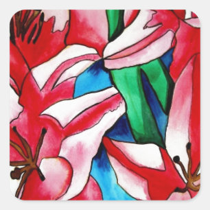 Sticker Carré Pink day Lily watercolor art painting