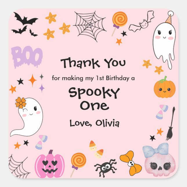 Sticker Carré Pink Éffrayant One Cute Ghost Halloween 1er Annive (Devant)
