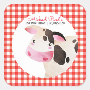 Sticker Carré Pink En vichy Vache ferme animal Anniversaire Barn