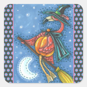 STICKER CARRÉ PINK FLAMANT ROSE WITCH, VOL AU-DESSUS DE LA LUNE