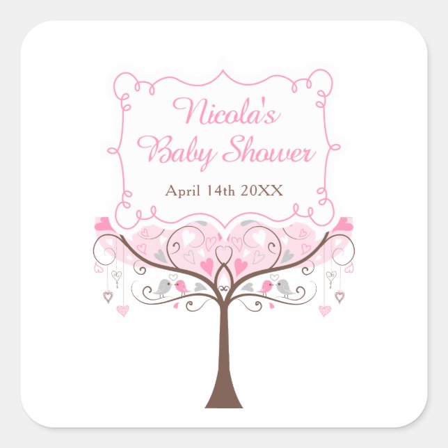 Sticker Carré Pink Floral Bird Baby Shower Thank You (Devant)
