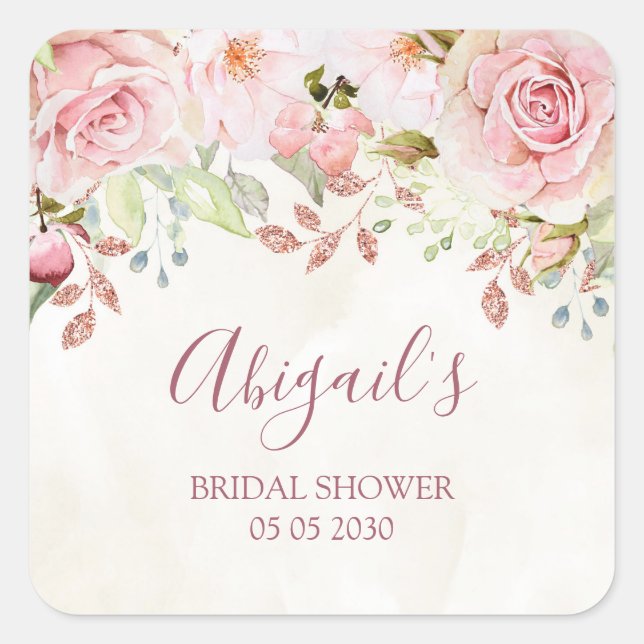 Sticker Carré Pink Floral Bridal Shower Spring Wedding Favor Tag (Devant)