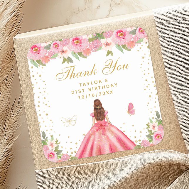 Sticker Carré Pink Floral Brown cheveux Princess Anniversaire (Créateur téléchargé)