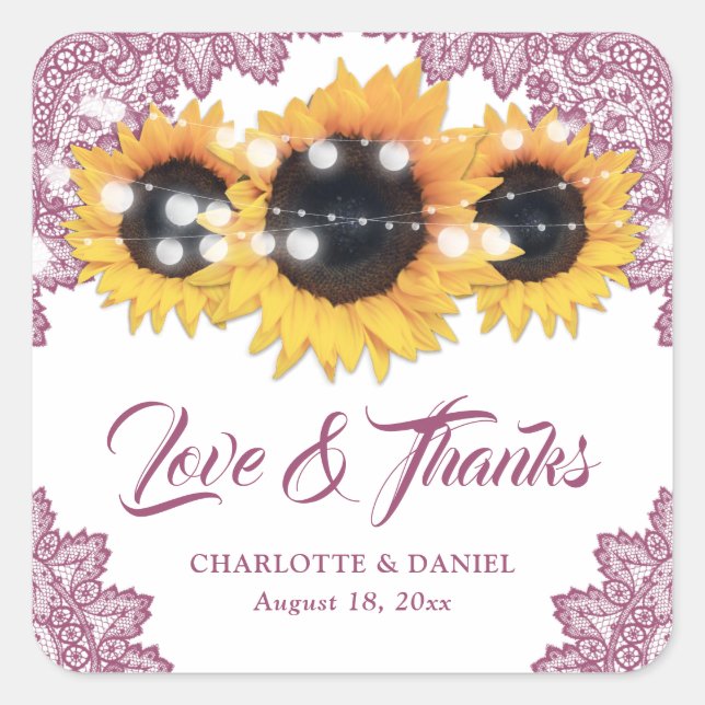Sticker Carré Pink Floral Lace Sunflower Wedding Thank You (Devant)