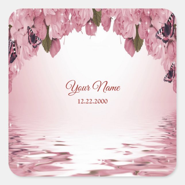 Sticker Carré Pink Floral Nature Butterfly Outdoor Wedding Party (Devant)