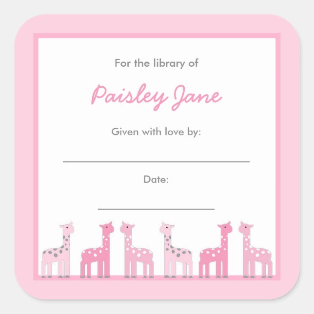 Sticker Carré Pink Giraffes Girl Baby Shower Bookplates (Devant)