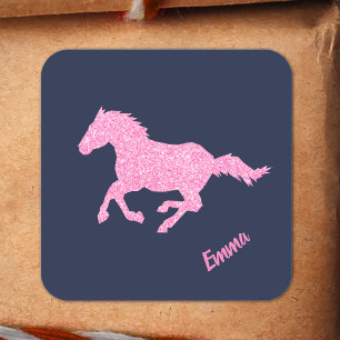 Sticker Carré Pink Glitter Horse Little Girl First Name Animal