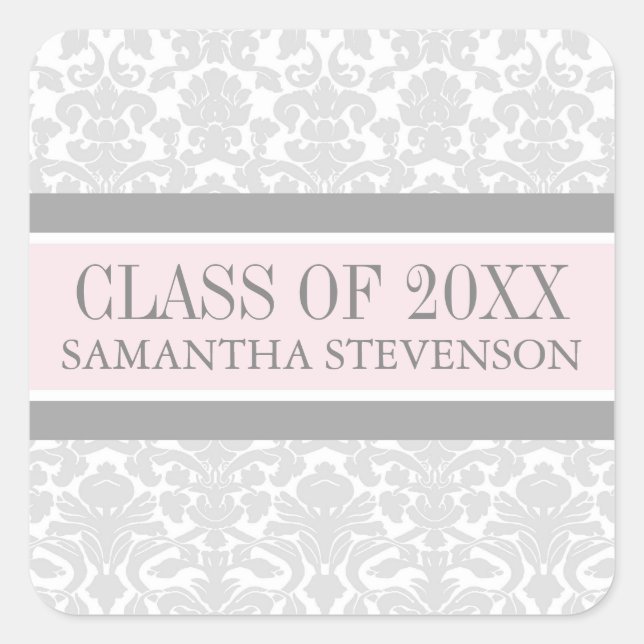 Sticker Carré Pink Grey Damask Graduation personnalisée Nom de l (Devant)