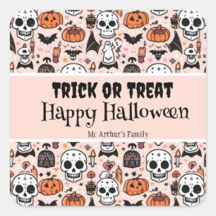 Sticker Carré Pink Halloween Tricoter ou traiter Nom de famille