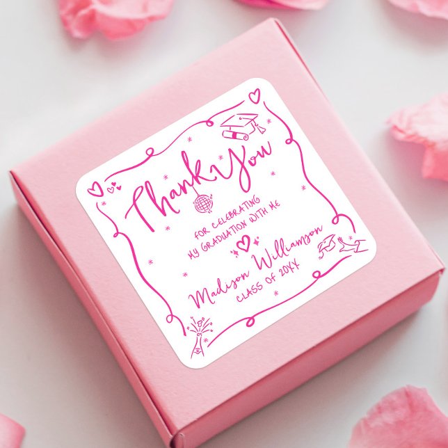 Sticker Carré Pink Hand Drawn Doodles Graduation Thank You White (Créateur téléchargé)