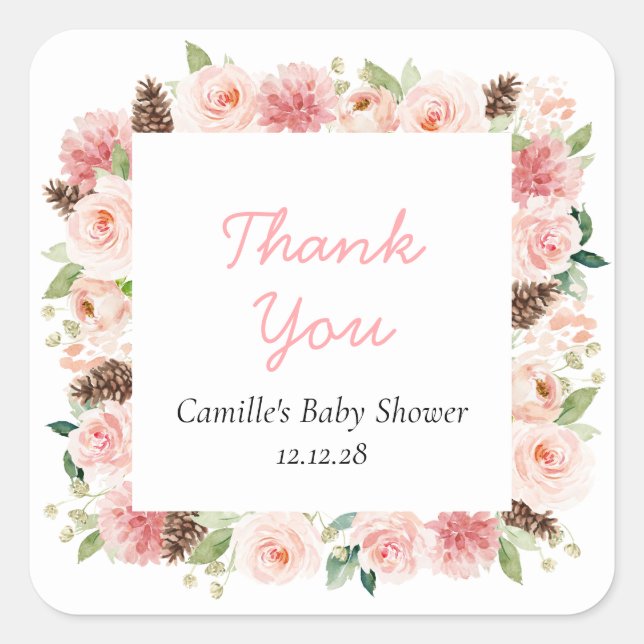 Sticker Carré Pink hiver Floral fille Baby shower Merci (Devant)