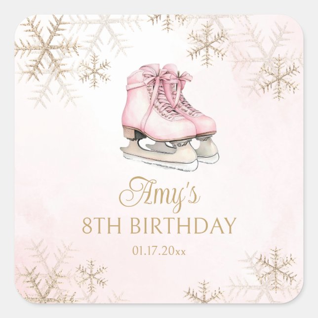 Sticker Carré Pink Ice Skating Birthday Gold Glitter Snowflakes (Devant)