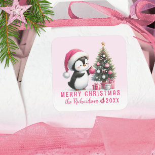Sticker Carré Pink Joyeux Noël mignon Pingouin personnalisé