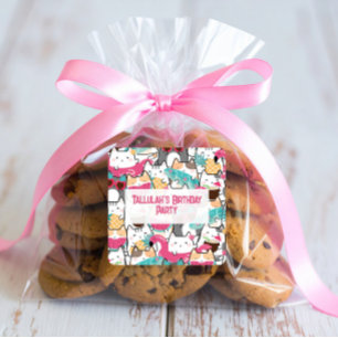 Sticker Carré Pink Kawaii Cats Pool Party Anniversaire