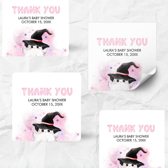 Sticker Carré Pink Little Boo Ghost Witch Baby Shower (Little Boo Halloween Baby Shower Square Sticker)