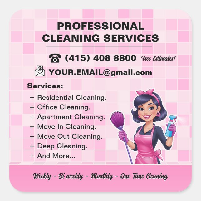 Sticker Carré Pink Maid Janitorial Lady House Cleaning Service (Devant)