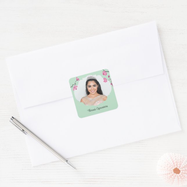 Sticker Carré Pink, Mint Green Cherry Blossom Quinceanera Photo (Enveloppe)