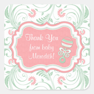 Sticker Carré Pink Mint Green Floral Sip N Voir Baby shower Favo
