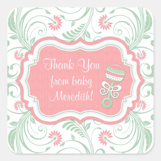 Sticker Carré Pink Mint Green Floral Sip N Voir Baby shower Favo (Devant)