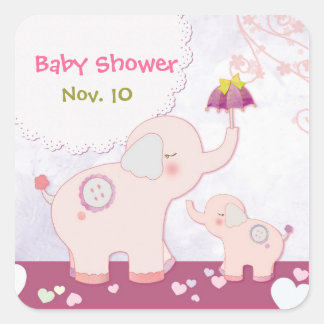 Sticker Carré Pink Mom n Baby Elephants Baby shower
