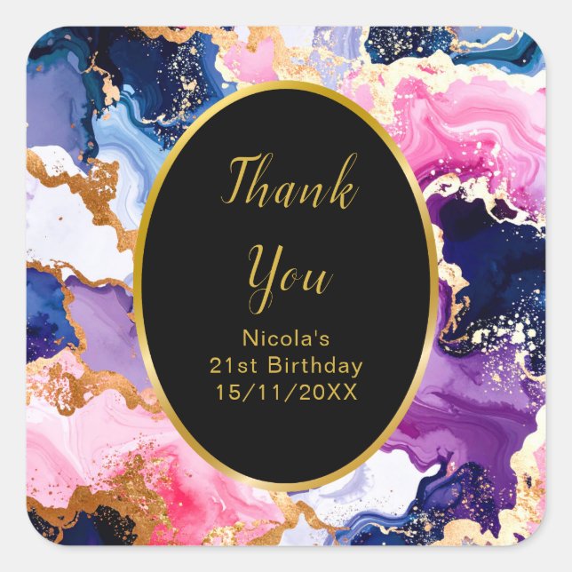 Sticker Carré Pink, Navy Blue and Gold Ink Birthday Party (Devant)