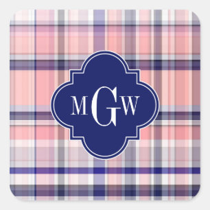 Sticker Carré Pink Navy White Preppy Madras Quatrefoil