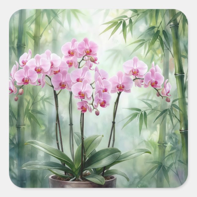 Sticker Carré Pink Orchids On Green Bamboo Background (Devant)
