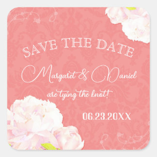 Sticker Carré Pink Peony Mariage de corail Enregistrer la date
