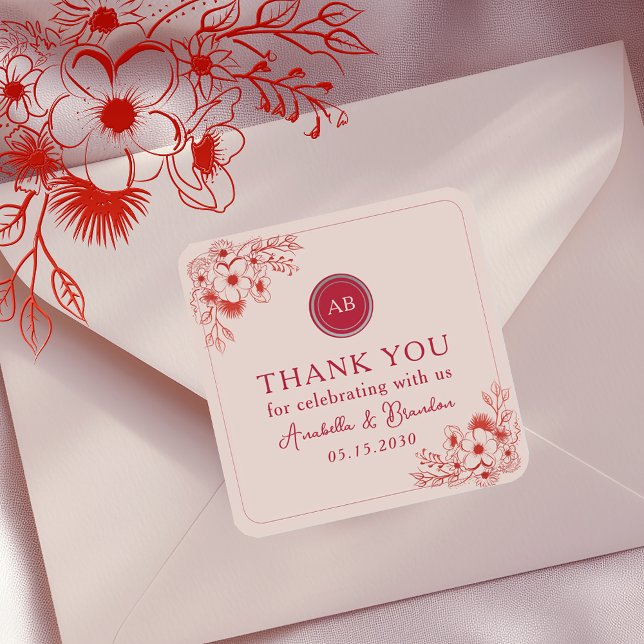 Sticker Carré Pink Red Floral Wedding Thank You (Créateur téléchargé)