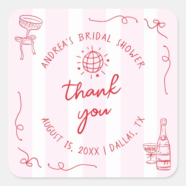 Sticker Carré Pink & Red Hand Drawn Bridal Shower Thank You (Devant)